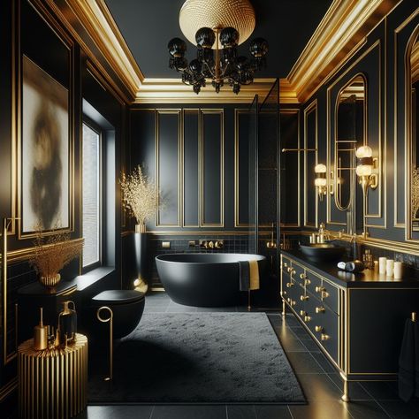 Bathtub By Window, Regency Bathroom, Clawfoot Tub Ideas, Hollywood Regency Bathroom, Black Gold Bathroom, Grand Chandelier, Clawfoot Tubs, Black And Gold Bathroom, Bathroom Oasis