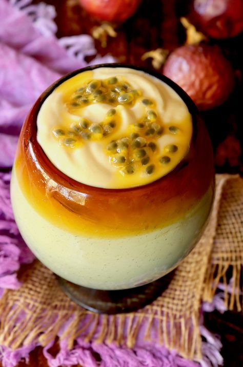 Passion Fruit Mousse is an unbelievable creamy and delicious classic Brazilian dessert. This foolproof recipe has 3 ingredients, and can easily be made in a blender in less than 10 minutes. Brazilian Passion Fruit Mousse, Passion Fruit Honey Puree Recipes, Passion Fruit Mousse Recipe, Brazilian Pudding, Passion Fruit Custard, Passion Fruit Dessert, Passion Fruit Recipes, Passion Fruit Cream, Brazilian Dessert