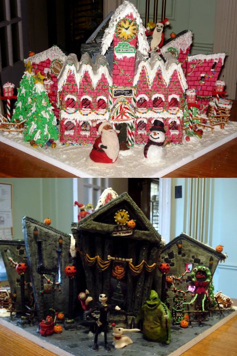 Gingerbread House Cake. Nightmare Before Christmas. Halloween Town on one side & Christmas on the other! Nightmare Before Christmas Gingerbread House, Nightmare Before Christmas Gingerbread, Mr Oogie Boogie, Halloween Gingerbread House, Nightmare Before Christmas Cake, Gingerbread House Ideas, Spooky Cake, Gingerbread Village, House Cake