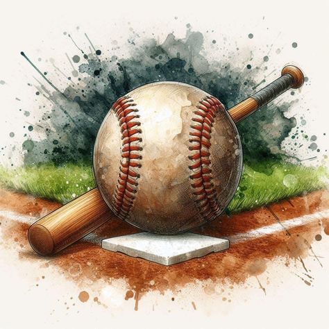 Baseball Painting Easy, Watercolor Baseball Art, Baseball Watercolor, Softball Art, Baseball Images, Baseball Themed Bedroom, Baseball Background, Baseball Painting, Baseball Backgrounds