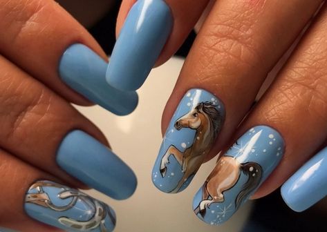 Country Girl Nails, Horse Nail Art, Country Acrylic Nails, Horse Nails, Cowboy Nails, Classy Nail Art Ideas, Manicure Designs, Country Nails, Animal Nail Art