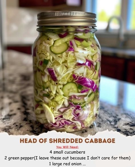 The Savory Secrets Society | Head of shredded cabbage | Facebook Shredded Cabbage, Small Cucumber, Green Pepper, Secret Society, Pickling Recipes, Veggie Dishes, Canned Food, Freezer Meals, Vegetable Dishes