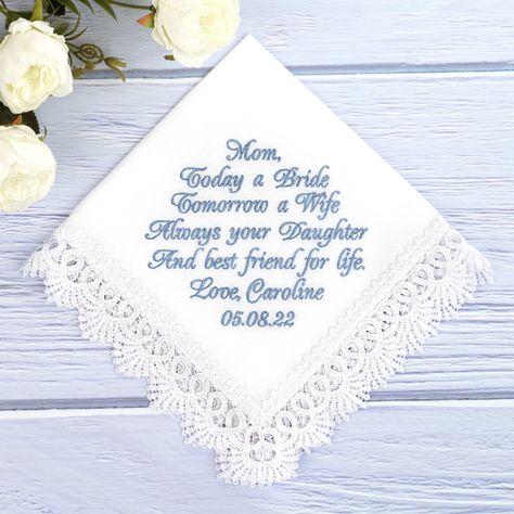 Wedding Hankerchief, Father Of Bride, Parents Of The Bride, Personalized Handkerchief Wedding, Embroidered Hankies, Personalized Handkerchiefs, Brides Mom, Wedding Gifts For Parents, Mom Wedding Gift