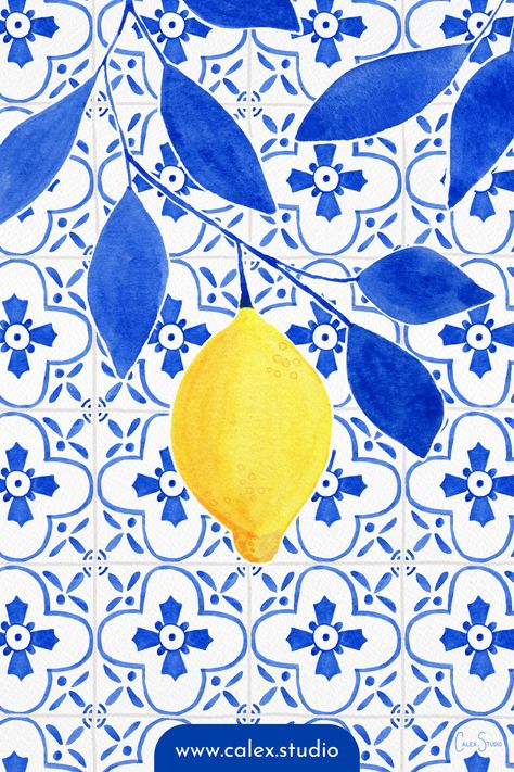 A vibrant Amalfi lemon set against blue Italian tiles. Hand-painted watercolor art print by Candace Alexandres, Calex Studio. #italiandecor #amalficoaststyle #lemonkitchenart Italian Prints Art, Lemon Pictures Art, Amalfi Coast Pattern, Lemon Pattern Design, Amalfi Coast Design, Amalfi Watercolor, Lemon Illustration Design, Amalfi Illustration, Italian Pattern Design