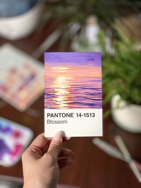 gouache sunset seascape ocean painting on a pantone postcard paint challenge - artwork by bleesart Painting Postcards, Painting On Paint Samples, Pantone Painting Ideas, Pantone Challenge Ideas, Pantone Drawing, Pantone Painting Challenge, Pantone Painting, Pantone Art Painting, Pantone Art