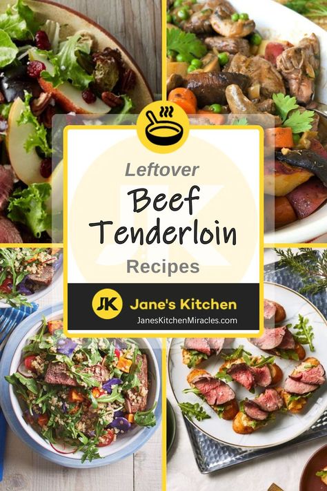 A collage of leftover beef tenderloin dishes Leftover Beef Tenderloin, Beef Tenderloin Stew, Leftover Tenderloin, Tenderloin Steak Recipes, Leftover Beef Recipes, Leftover Steak Recipes, Beef Tenderloin Recipes, Leftover Roast Beef, Beef Tenderloin Roast