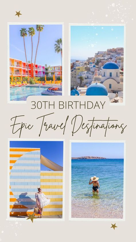 Is your 30th birthday coming up? Do you dream of going on a trip and celebrating this special occasion with a bang? Whether you're looking to plan a trip with friends, searching for an ideal foodie destination, or a romantic couples trip, in this article, you'll come across ten very promising trip ideas, both in the U.S. and abroad. If you're going to celebrate your dirty thirty birthday, let's do it in style! #girlstrip #palmsprings #oia #santorini #dirtythirty #greekislands #losangeles #socal 30th Birthday Destinations For Women, 35th Birthday Trip Ideas, 30th Birthday Beach Trip, 30th Destination Birthday, Best 30th Birthday Trips, 30th Birthday Miami, 30th Birthday Trips For Women, What To Do For Your 30th Birthday, 30th Birthday Vacation Ideas