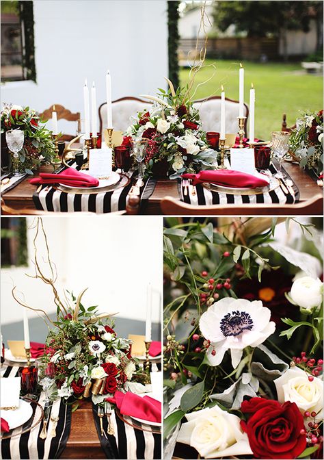 black white and red table settings Black White And Red Table Decor, Red Black And White Table Setting, Red White And Black Decorations, Red Black And White Engagement Party, Black White And Red Party, Red Black White Party, Red And Black Table Decorations, Black White And Red Wedding, Red Wedding Decor