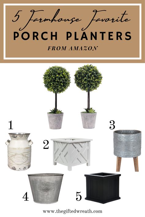 Farmhouse Outdoor Planters, Farmhouse Front Porch Planters, Farmhouse Porch Planters, Plants On Porch Ideas, Faux Wreath, Topiary Planters Front Porches, Small Porch Planter Ideas, Front Porch Topiary, Topiary Front Porch