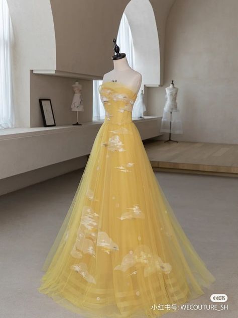 Etheral Dresses, Celestial Dresses, Celestial Dress, Royalty Dress, Ethereal Dress, Yellow Gown, Girls Long Dresses, Simple Gowns, Prom Dress Evening