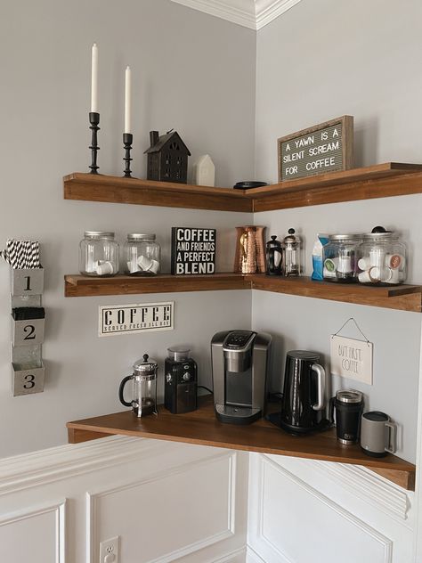 Custom shelves, stocked with coffee. A coffee machine and french press work space. Long Coffee Bar Ideas, Coffee Bar In A Closet, Built In Coffee Bar Ideas, Coffee Bar In Dining Room, Bar In Dining Room, Corner Coffee Bar Ideas, Corner Dining Room, Corner Coffee Bar, Built In Coffee Bar