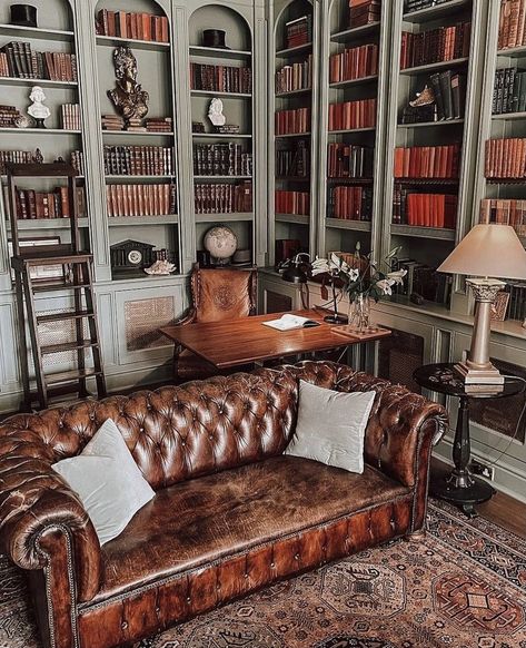 Vintage Home Library, Built In Bookshelf, Home Library Ideas, Dark Academia Interior, Antique Library, Aesthetic Dream, Dream Library, Library Table, Wall Colour