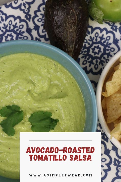 AVOCADO-ROASTED TOMATILLO SALSA Tomatillo Avocado Salsa, Avocado Tomatillo Salsa, Tomatillo Salsa Recipe, Roasted Tomatillo Salsa, Roasted Tomatillo, Tomatillo Salsa, Grilled Seafood, Avocado Salsa, Taco Night