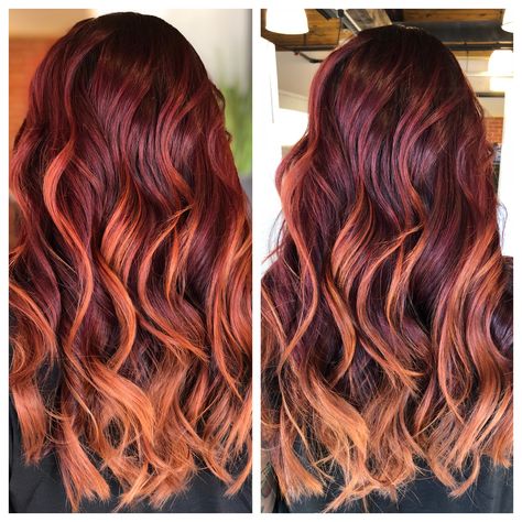 Violet roots melted into intense red with copper ends Brown Hair With Red And Caramel, Winter Inspired Hair Color, Red Melt Hair, Copper Hair With Dark Roots Curly, Purple Copper Hair, Violet Copper Balayage, Copper Violet Hair, Violet Copper Hair, Copper Violet Hair Color