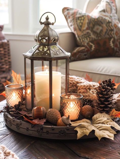 fall candle decorations 2 Fall Lantern Decor Ideas Living Room, Tray With Candles Decor, Fall Candle Ideas, Halloween Party Living Room, November Decorations, Kirklands Home Decor, Coffee Table Fall Decor, November Decor, Fall Candlesticks