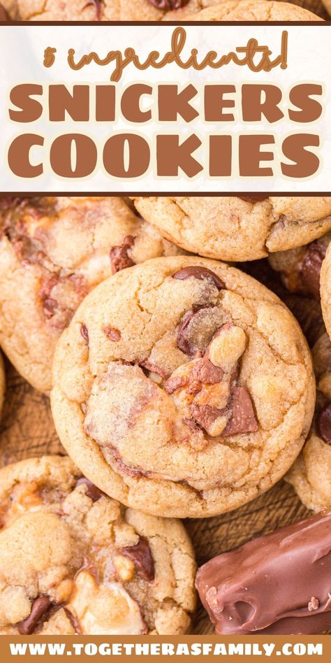 Super easy Snickers Cookies are so simple to make with only 5 ingredients! The classic combination of a Snicker's candy bar - chocolate, peanuts, and caramel but in a chewy, soft-baked cookie with the crunch of chopped Snickers throughout. Snicker Recipes, Snickers Recipes, Snicker Cookies, Snickers Cookies Recipes, Snickers Fudge, Happy Family Recipe, Mmm Cookies, Snickers Recipe, Snickers Cookies