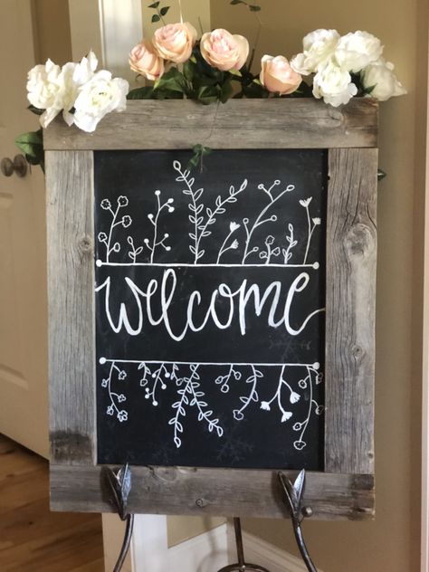 Welcome sign Papan Tulis Kapur, Diy Chalkboard Sign, Chalkboard Doodles, Chalkboard Writing, Blackboard Art, Chalk Sign, Chalkboard Decor, Chalkboard Drawings, Chalkboard Lettering