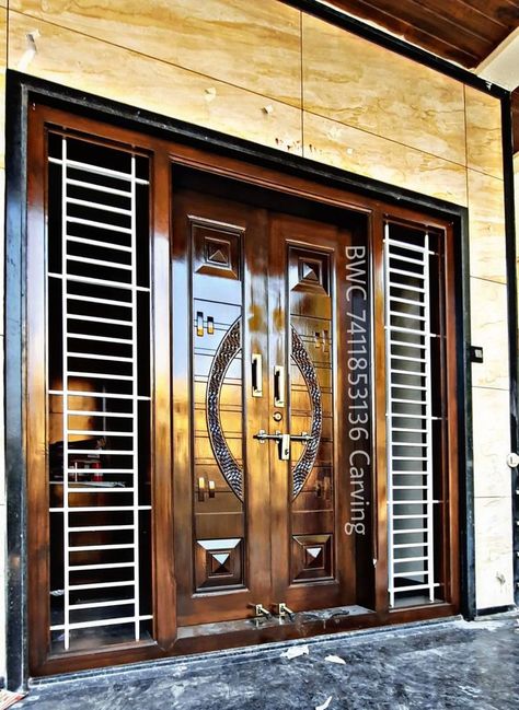 Front Door Design Wood Modern Double Door, Chokhat Design Door, Double Door Main Entrance Design, Wooden Main Double Door Design, Modern Double Doors Entrance, Indian Main Door Designs, Main Door Design Photos, House Front Door Design, House Main Door Design