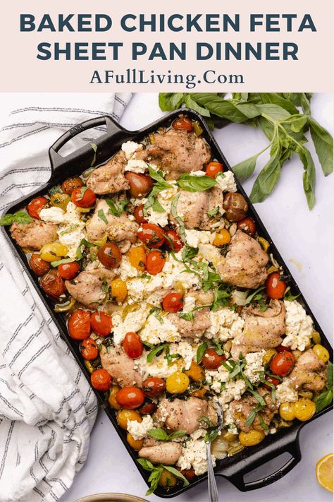 This Baked Feta Chicken Dinner comes together on one sheet pan! It's naturally low carb, while still being full of flavor. Skip all the dishes, and make cooking diner a breeze with this one pan meal that's packed full of veggies and protein! Feta Sheet Pan Dinner, Feta Sheet Pan, Pesto Chicken Sheet Pan Dinner, Baked Chicken Feta, Whipped Feta Chicken, Chicken Feta Broccoli Bake, One Pan Chicken Bake, Chicken Feta Bake, Chicken Feta Recipes