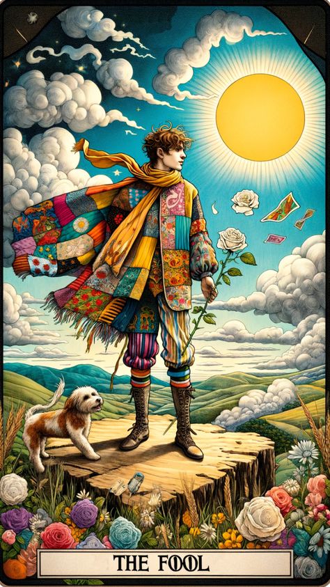 Embark on a journey of self-discovery with the Fool tarot card, symbolizing new beginnings, adventure, and unlimited potential. This card represents taking a leap of faith and embracing life's opportunities with an open heart. Ideal for those new to tarot or seeking a fresh start in life. The Fool Tarot Wallpaper, Tarot Card Phone Wallpaper, The Fool Tarot Card Art, Tarot Wallpapers, Tarot Card The Fool, The Fools Journey, Tarot Illustration, The Fool Tarot Card, Fool Tarot Card