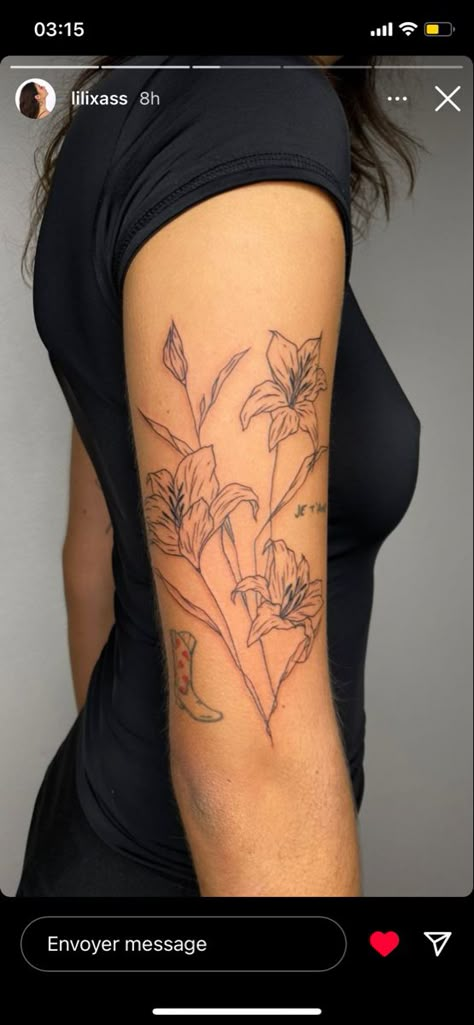 Collarbone And Shoulder Tattoos For Women, Elegant Tattoo Sleeves For Women, Lily Half Sleeve Tattoo For Women, Lily Tattoo Back Of Arm, Lilly Forearm Tattoo Women, Forearm Tattoo Dainty, Womens Arm Sleeve Tattoo Ideas, Half Flower Sleeve, Flower Arm Tattoos For Women Sleeve