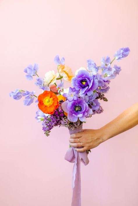 bold + colorful bridal bouquet with a 1970's inspired color palette of purples and oranges Purple And Orange Wedding, Wedding Bouquet Purple, Orange Purple Wedding, Colorful Bridal Bouquet, Unique Wedding Bouquet, Bouquet Purple, Lavender Bridesmaid, Lavender Bridesmaid Dresses, Anthropologie Wedding