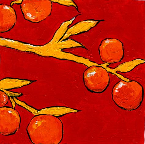 This painting is pretty cool and has an analogous color scheme. The background is red, branches are yellow and the berries are orange. Analogus Scheme Painting, Analogous Colour Scheme Painting, Orange Monochromatic Painting, Analogous Color Scheme Painting, Analogues Colour Scheme, Split Complementary Color Scheme Art, Analogous Painting Ideas, Triadic Color Scheme Art, Analogous Color Scheme Art Projects