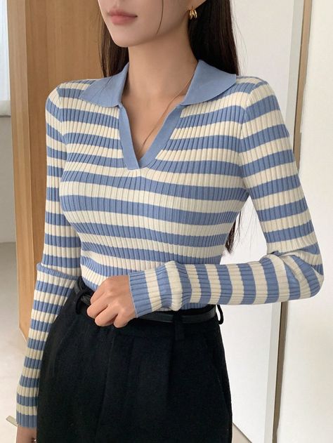 Zara Clothes Women, Blue Top Outfit, Polo Women, Zara Outfit, Curvy Women Outfits, Zara Kids, Collar Sweater, Striped Tee, Outfits Aesthetic