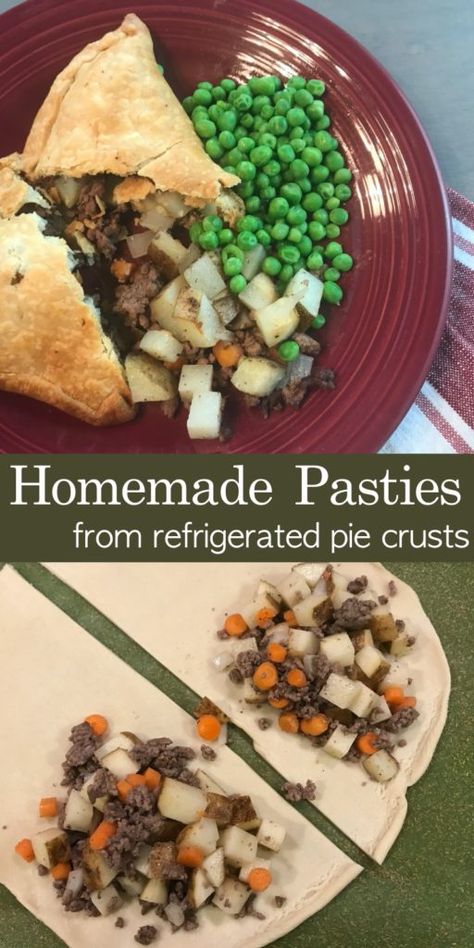 These easy homemade pasties use premade refrigerated pie crusts and ground beef to make delicious custom filled pasties. I like traditional meat, potatoes, and onions, but you could get creative and change them up. Meat And Potato Pockets, How To Make Beef Pasties, Meat And Potato Pasties, Easy Pasties Recipes Michigan, Beef And Potato Pasties, Up Pasties Recipes, Beef Pasties Recipes Easy, Homemade Pasty Pie, Pasty Recipe Easy