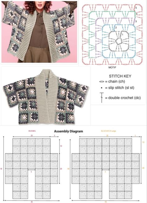 Pola Kardigan, Pola Sweater, Jaket Crochet, Crochet Jacket Pattern, Gilet Crochet, Mode Crochet, Crochet Design Pattern, Crochet Coat, Crochet Square Patterns