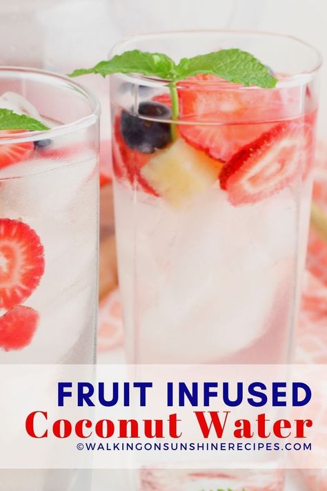 Infused Coconut Water, Coconut Water Drinks, Coconut Water Recipes, Healthy Nutrition Plan, Fun Fruit, Tea Party Bridal, Strawberries Blueberries, Infused Water Recipes, Frozen Pineapple