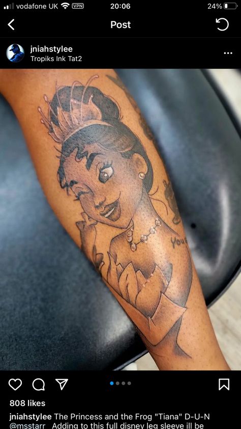 Tiana Tattoo Ideas, Princess Tiana Tattoo Ideas, Princess Tiana Tattoo, Tiana Tattoo, Princess And The Frog Tattoo, Body Poetry, Wave Collage, Disney Stitch Tattoo, Disney Inspired Tattoos