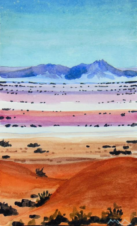 Drawing Desert Landscapes, Desert Scene Painting, Desert Landscape Art, Desert Landscape Painting, Mountains Painting, Fun Watercolor, Small Watercolor, Western Artwork, Landscape Painting Tutorial