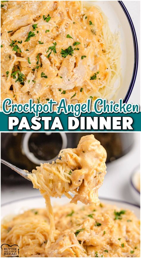 CROCKPOT ANGEL CHICKEN PASTA - Butter with a Side of Bread Crockpot Angel Hair Pasta, Angels On Horseback Recipe, Chicken Tender Crockpot Recipes, Angel Pasta, Crockpot Chicken Pasta, Angel Chicken Pasta, Maid Rites, Angel Hair Pasta Recipes, Angel Chicken