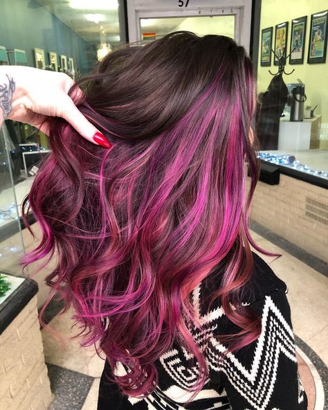 Pink Balayage Red Hair, Peekaboo Hair Color Brunettes Pink, Fuschia Peekaboo Hair, Peekaboo Hair Color Pink Brown, Magenta And Brown Hair, Bright Pink Highlights In Brown Hair, Magenta Peekaboo Hair, Colourful Balayage, Pink Balayage Brunette