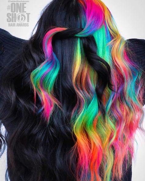 Multi Color Hair Dye Ideas, Rainbow Split Dye, Vivid Hair Color Placement, Creative Hair Color Placement, Funky Hair Color Ideas, Crazy Hair Colors, Hairstyles Ideas For Long Hair, Rockstar Hair, Hair Color Placement