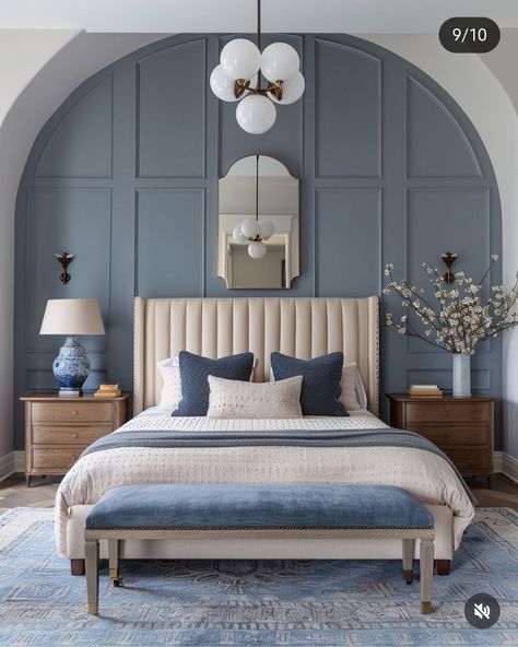 Royal Blue Bedrooms, Elegant Dorm Room, Wallpaper Decor Bedroom, Light Blue Bedroom, Blue Bedroom Walls, Unique Bedroom Design, Classical Interior, Studio Home, Accent Wall Bedroom