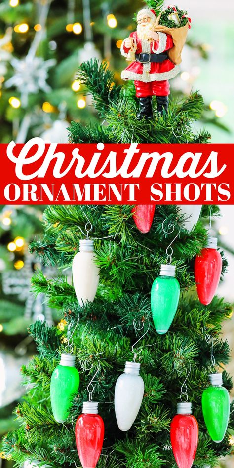 Bright colored red, white and green alcohol shots on a Christmas tree. Christmas Party Ornament Drinks, Jello Shot Christmas Tree, Christmas Tree Shots, Christmas Ornament Shots, Christmas Shots For Adults, Christmas Shot Recipes, Adult Christmas Party Food, Ornament Shots, Christmas Themed Shots