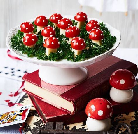 Cherry tomato toadstools | Asda Good Living Alice In Wonderland Tea Party Food, Picnic Treats, Alice In Wonderland Food, Recipes For The Family, Alice In Wonderland Tea Party Birthday, Family Home Decor, Mad Hatter Party, Tea Party Food, Alice In Wonderland Tea Party