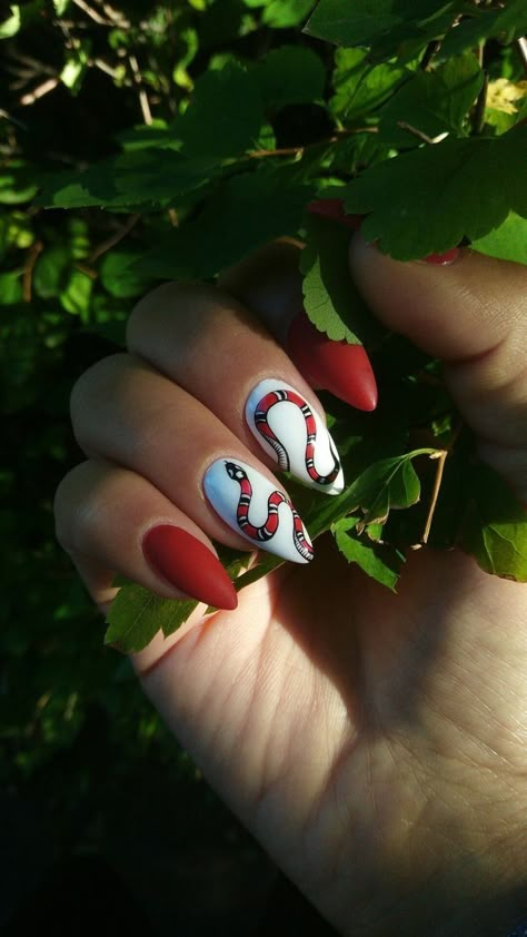 Snake Skin Nails Designs, Snake Nails, Snake Skin Nails, Nails Designs Ideas, Snake Red, Gucci Nails, Red Snake, Airbrush Nails, Simple Gel Nails