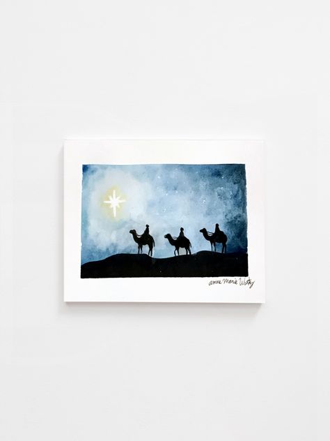 Manger Scene Watercolor, 3 Wise Men Watercolor, Watercolor Nativity Simple, Simple Nativity Watercolor, Christian Christmas Watercolor Cards, Nativity Watercolor Cards, Watercolor Nativity Scene, Watercolour Nativity, Christian Christmas Watercolor