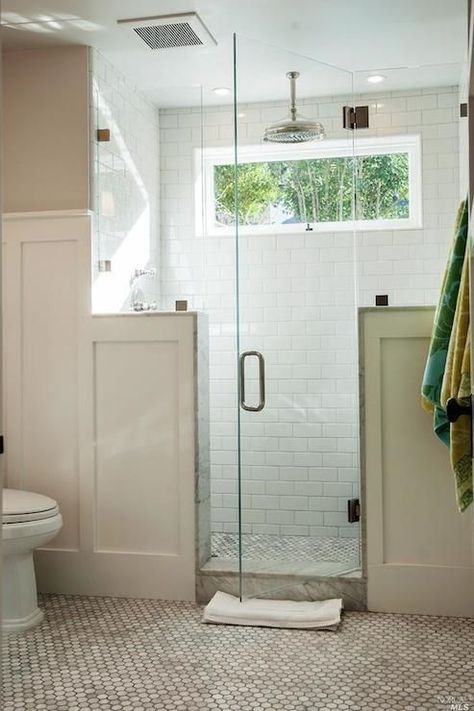 Shower Windows Ideas, Bathroom Windows In Shower, Small Bathroom Window, Bathroom Shower Stalls, Bathroom Window Treatments, Pony Wall, Window In Shower, Bathroom Plans, Bathroom Window