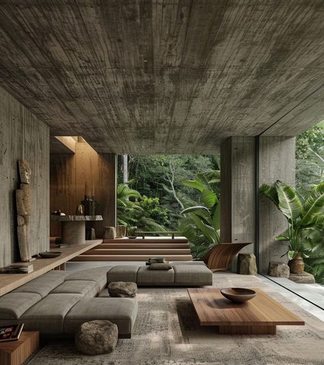 House In Landscape, Brutalist Architecture Interior, Brutalism House, Brutalist Living Room, Brutalism Interior Design, Tropical Brutalism, Eco Brutalism, Brutalism Interior, Concrete Home Design