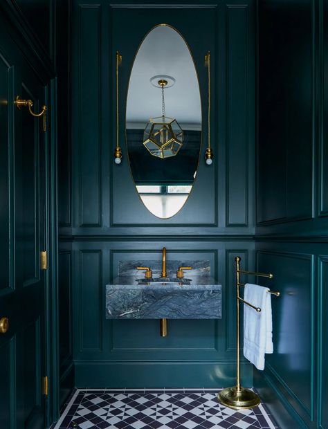 Oceanic Bathroom, Whimsigoth Home, Hotel Chic, Custom Kitchens Design, Downstairs Loo, Victorian Bathroom, Downstairs Toilet, Brass Door Handles, Bold Wallpaper