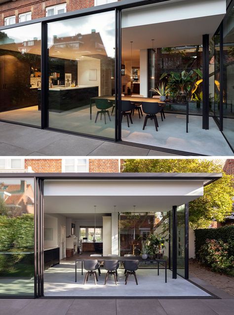 Bloot Architecture have designed a minimalist house extension in The Netherlands, that contrasts the brick architecture of a 1927’s house. #GlassWalls #ModernHouseExtension #Architecture Contemporary Extension, Modern House Design Interior, Flat Roof Extension, 1920s House, Glass Extension, Minimalist House, House Extension Design, Minimalist Home Interior, House Extension