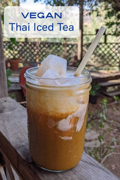 Vegan Thai Iced Tea served in mason jar Vegan Thai Tea, Summertime Crafts, Thai Tea, Iced Tea Recipes, Homemade Snacks, Tea Recipes, Iced Tea, Freezer Meals, Other Recipes