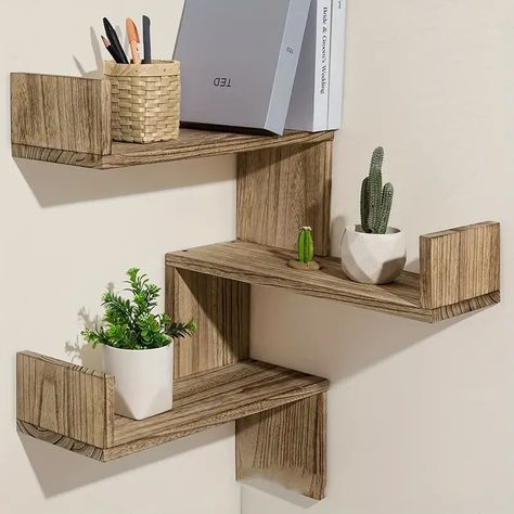 Corner Floating Shelves, Corner Shelf Ideas, Wooden Corner Shelf, Wood Storage Shelves, Bathroom Corner Shelf, Shelves For Wall, Floating Corner Shelves, Corner Wall Shelves, Corner Bookshelves