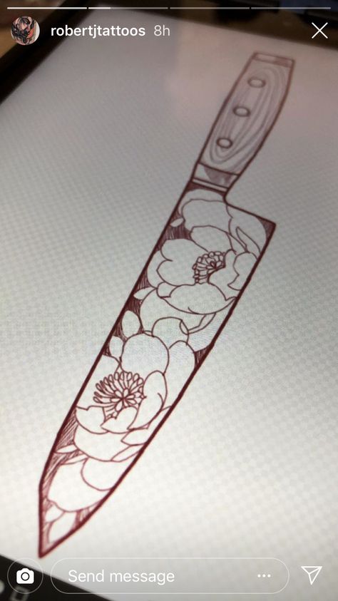 Matching Mulan Tattoos, Knife Tattoo Flower, Floral Knife Tattoo, Flower Knife Tattoo, Knife With Flowers Tattoo, Chef Knife Tattoo, Sushi Tattoo, Culinary Tattoos, Chef Tattoo