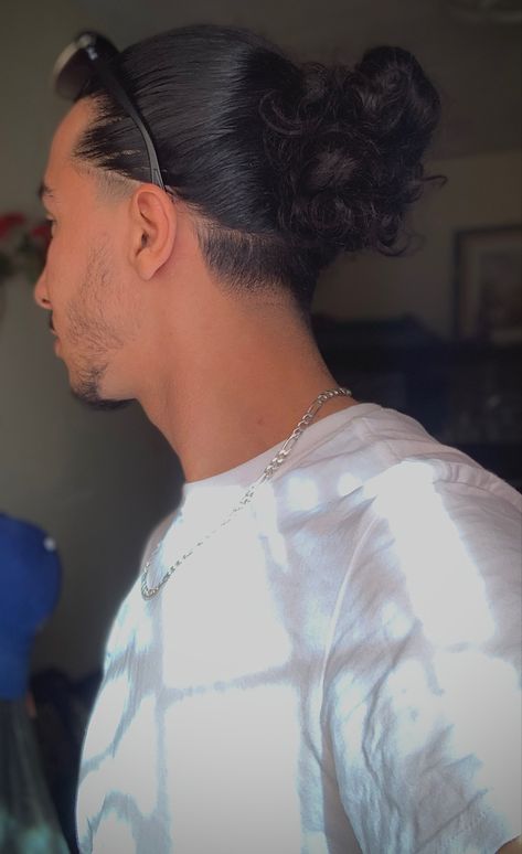 Man Bun With Taper, Low Taper Fade Man Bun, Low Taper Man Bun, Man Bun Taper, Low Taper With Long Hair, Long Hair Taper Fade For Men, Low Taper Undercut, Low Taper Long Hair, Low Man Bun