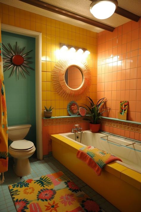 Colorful Vintage Bathroom, 70’s Bathroom, Bathroom Board And Batten, Mid Century Bathroom Decor, Bathroom Decor Retro, Retro Bathroom Ideas, 50s Bathroom, 1960s Bathroom, 1970s Bathroom